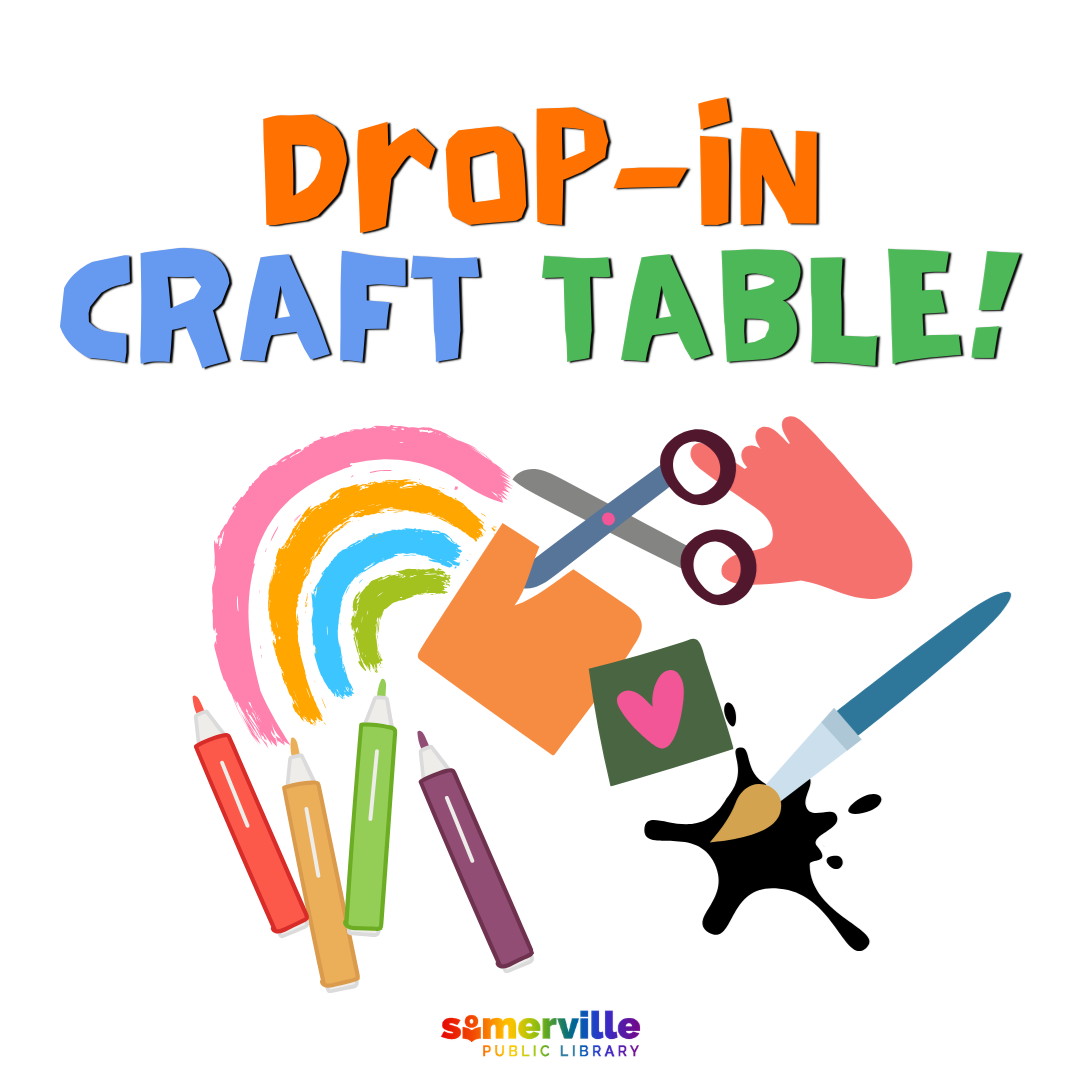 Various arts and crafts supplies, with text reading "drop in craft table" and with link to a detailed calendar listing (opens in new tab).