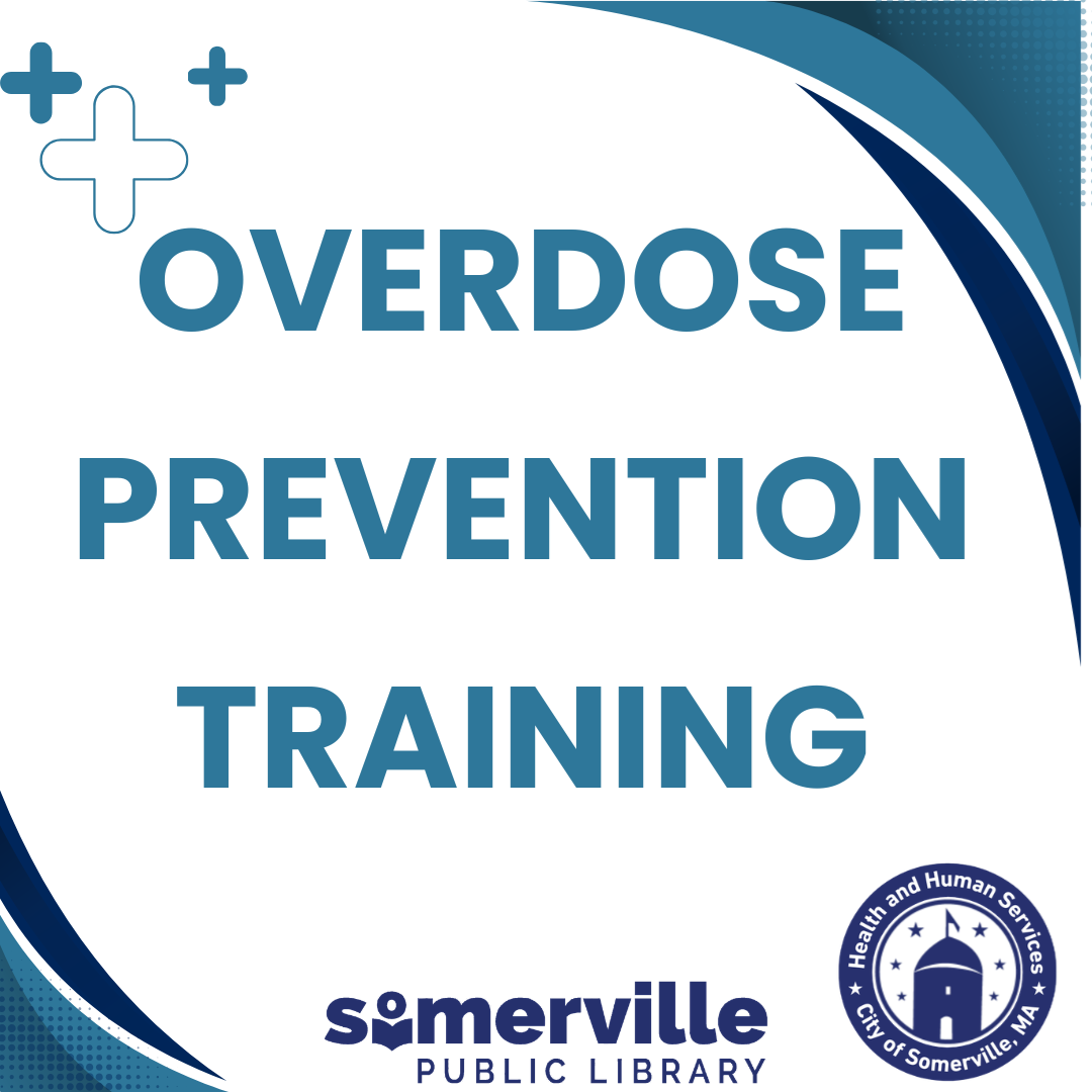 A simple white and blue background. Text reads "overdose prevention training." Includes link to a detailed calendar listing (opens in new tab).