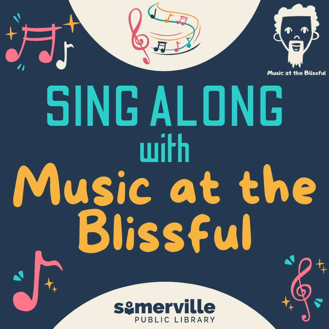 Musical notes on a blue background, with text reading "sing along with music at the blissful" and with link to a detailed calendar listing (opens in new tab).