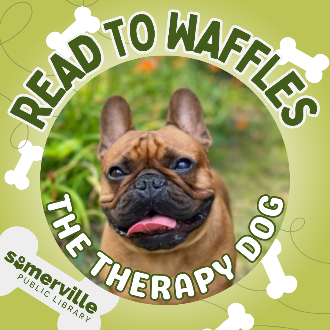 Transcript: read to waffles the therapy dog.