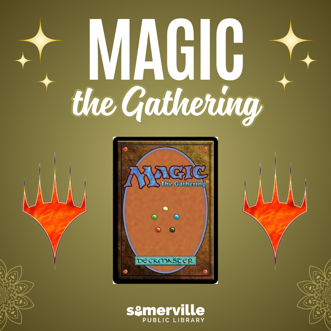 A photo of the back of a playing card. Text reads "Magic the gathering."  Includes link to a detailed calendar listing (opens in new tab).
