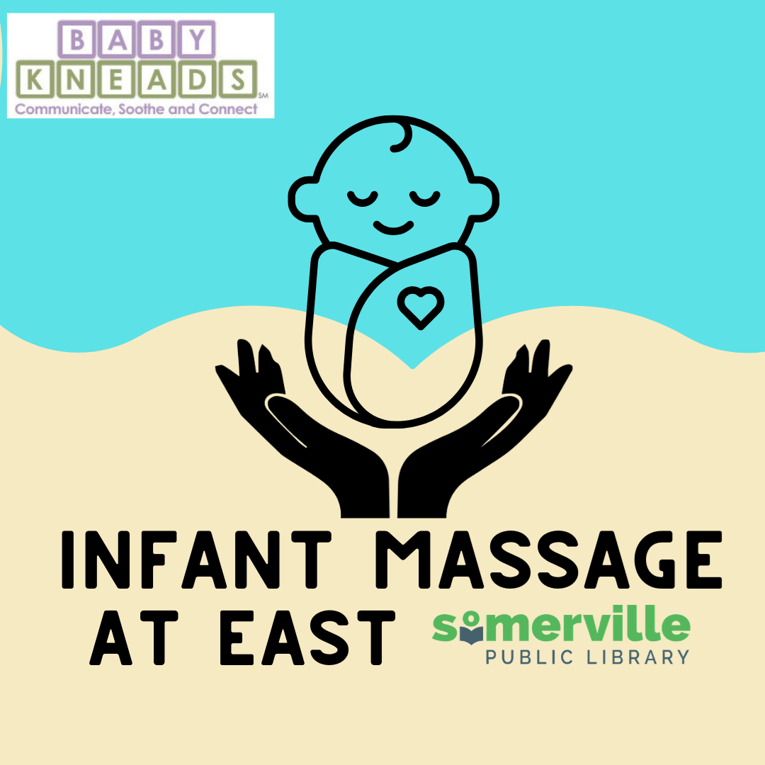 An illustration of swaddled baby, with text reading infant massage at east,  and with link to a detailed calendar listing (opens in new tab).