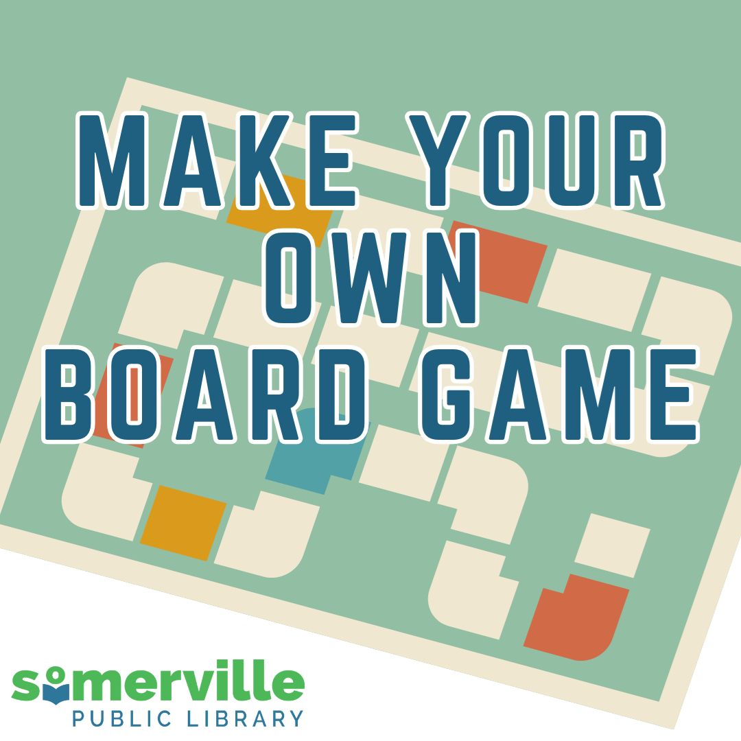An illustration of a winding board game path, with text reading "make your own board game," and with link to a detailed calendar listing (opens in new tab).