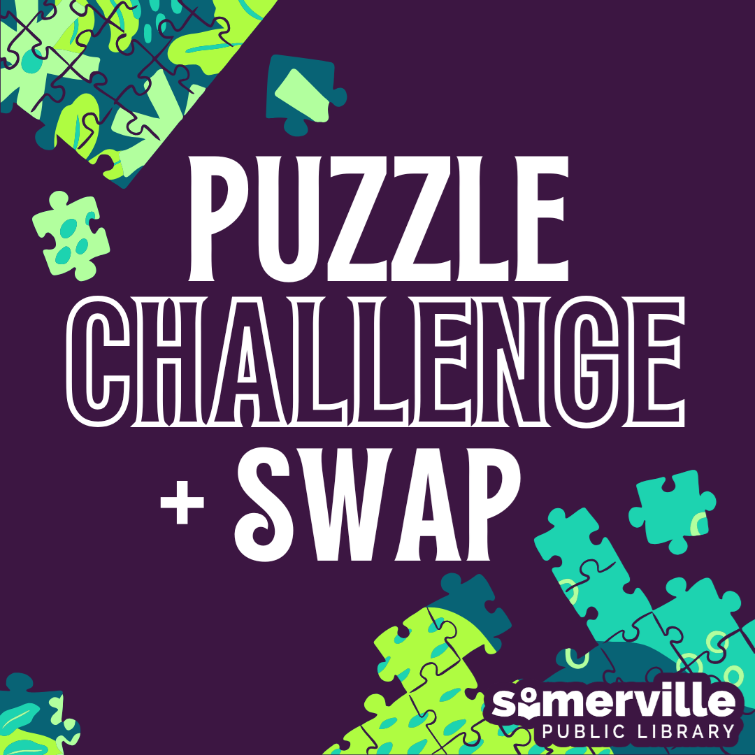 Puzzle pieces loose and semi-assembled, with text reading "puzzle challenge and swap," and with link to a detailed calendar listing (opens in new tab).