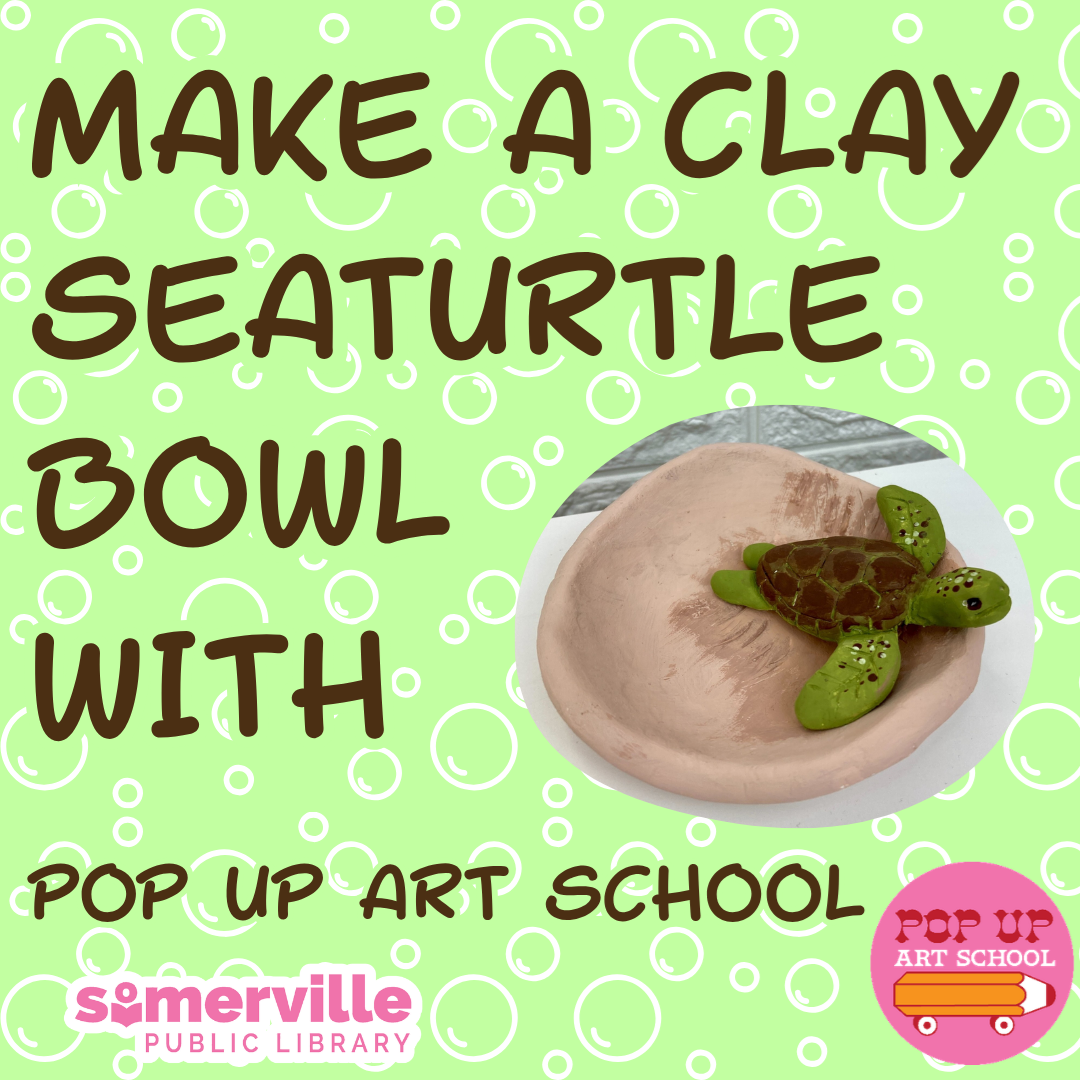 A photo example of the reference craft. Text reads "make a sea turtle bowl with pop up art school." Includes link to a detailed calendar listing (opens in new tab).