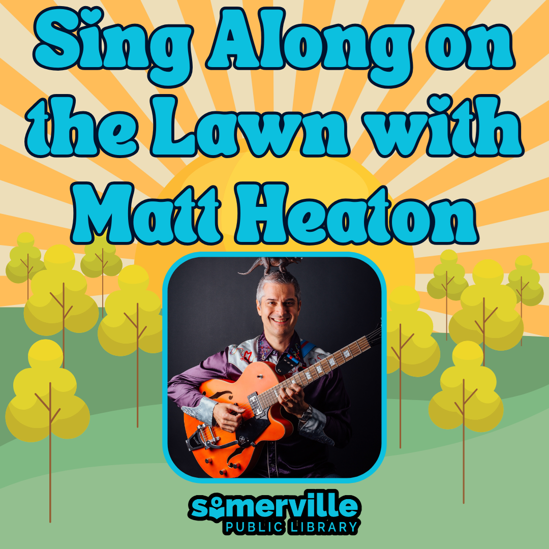 Simple, bright illustrations of a tree-filled grassy area with a sun and sunbeams rising up, featuring a photo of a man holding a guitar with a dinosaur toy on his head. Text reads "sing along on the lawn with matt heaton." Includes link to a detailed calendar listing (opens in new tab).