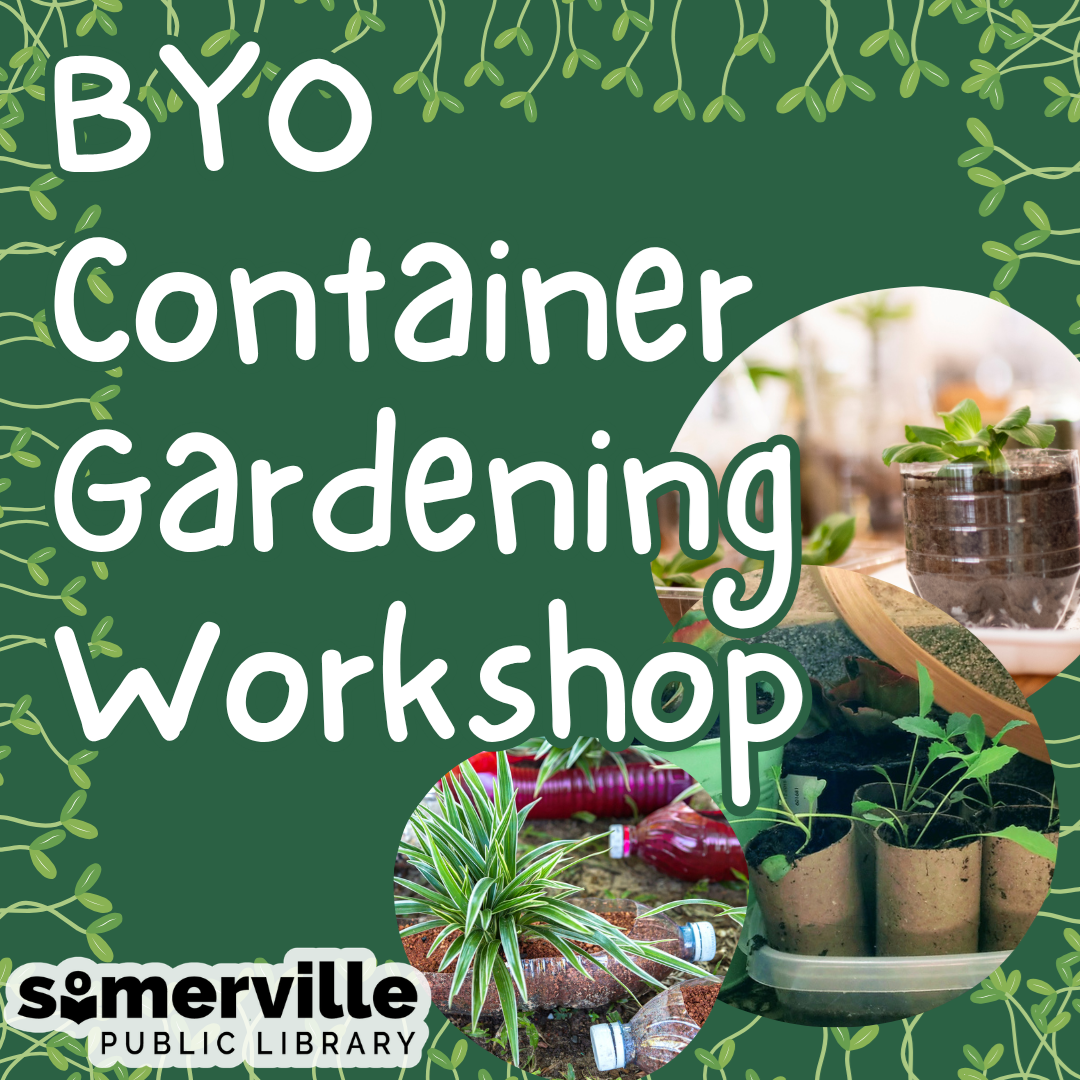 Example photos of plants growing out of old water bottles and paper tubes, with text reading "BYO container gardening workshop."