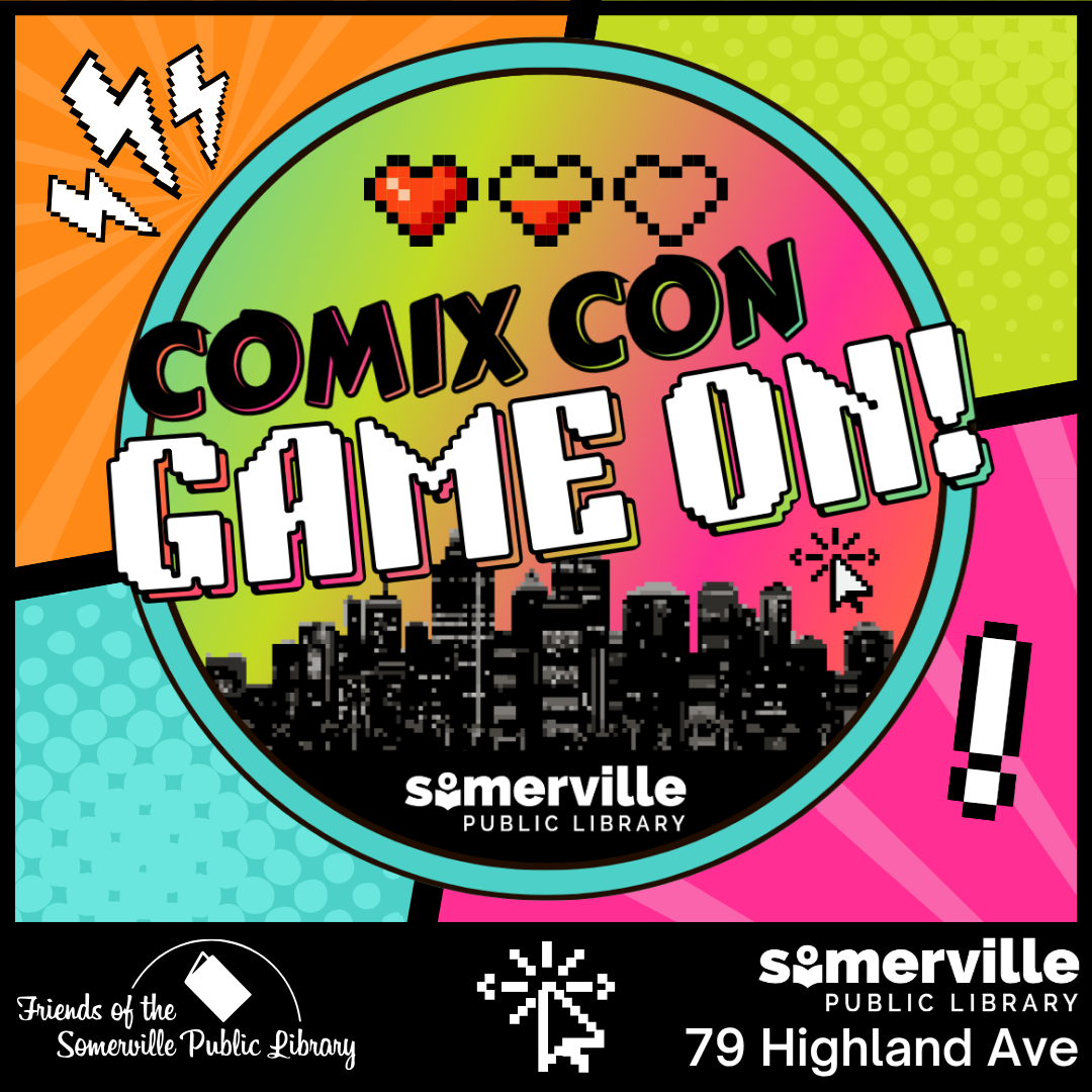 A pixellated city skyline with a bright neon gradient and video game life hearts in the background. Text reads "comix con: game on!"