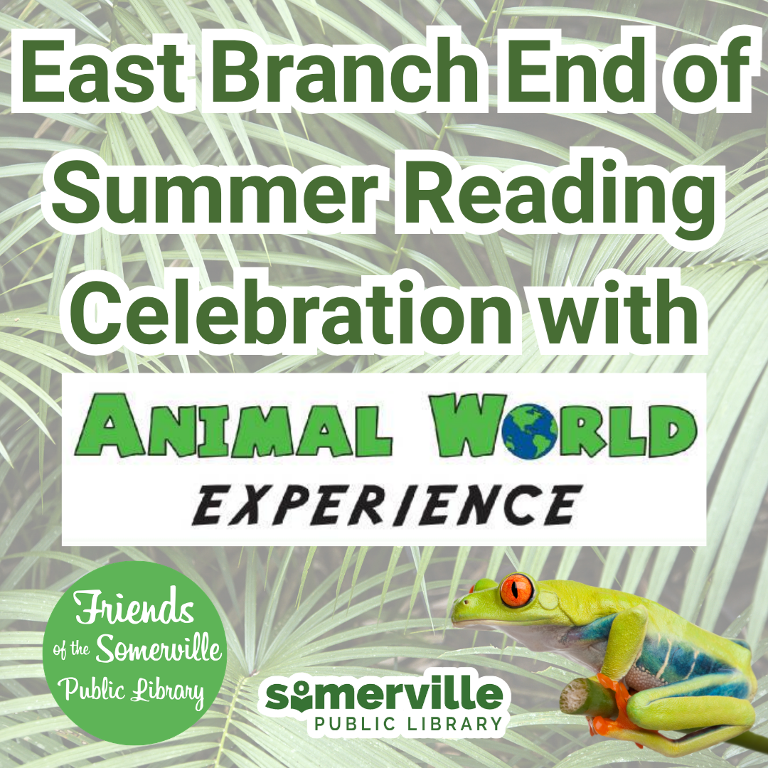 An illustration of a frog on top of palm fronds. Text reads "east branch end of summer reading celebration."  Includes link to a detailed calendar listing (opens in new tab).