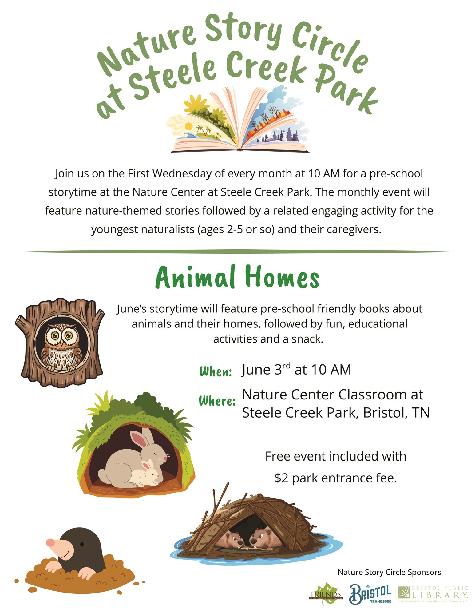 Nature Story Circle at Steele Creek Park June 3rd at 10 am in Nature Center Classroom free event with $2 park entrance fee 