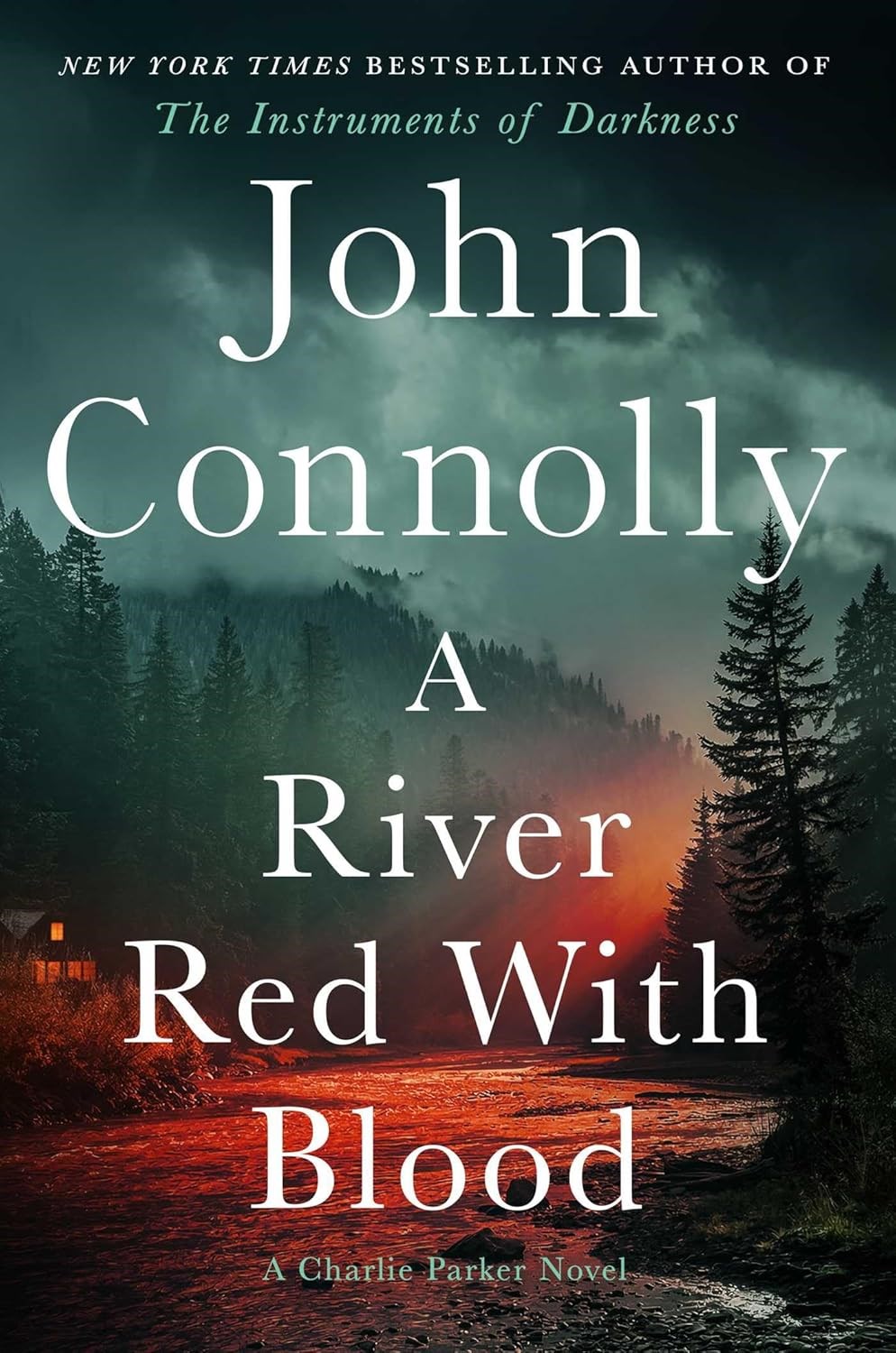 river through the woods with red light