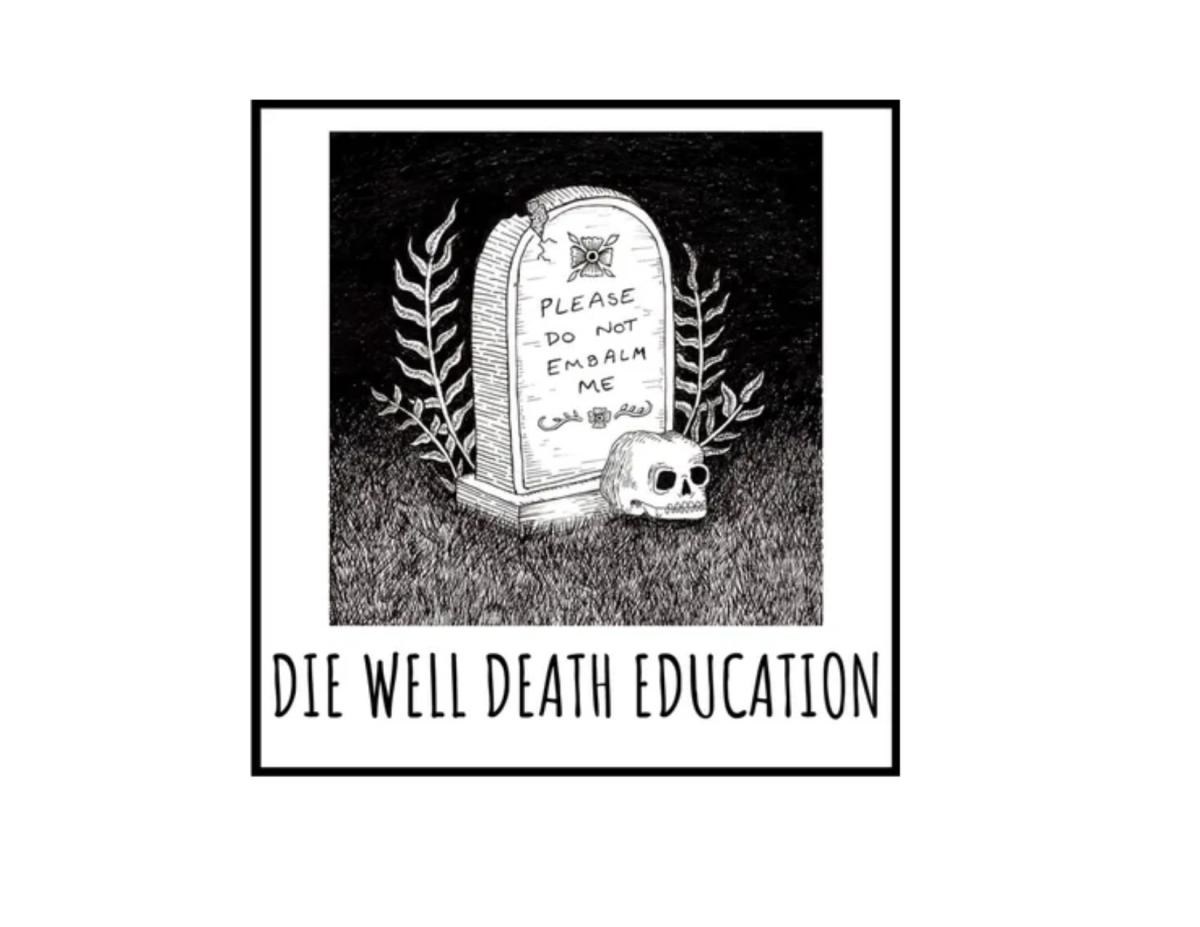 black and white drawing of a gravestone and skull