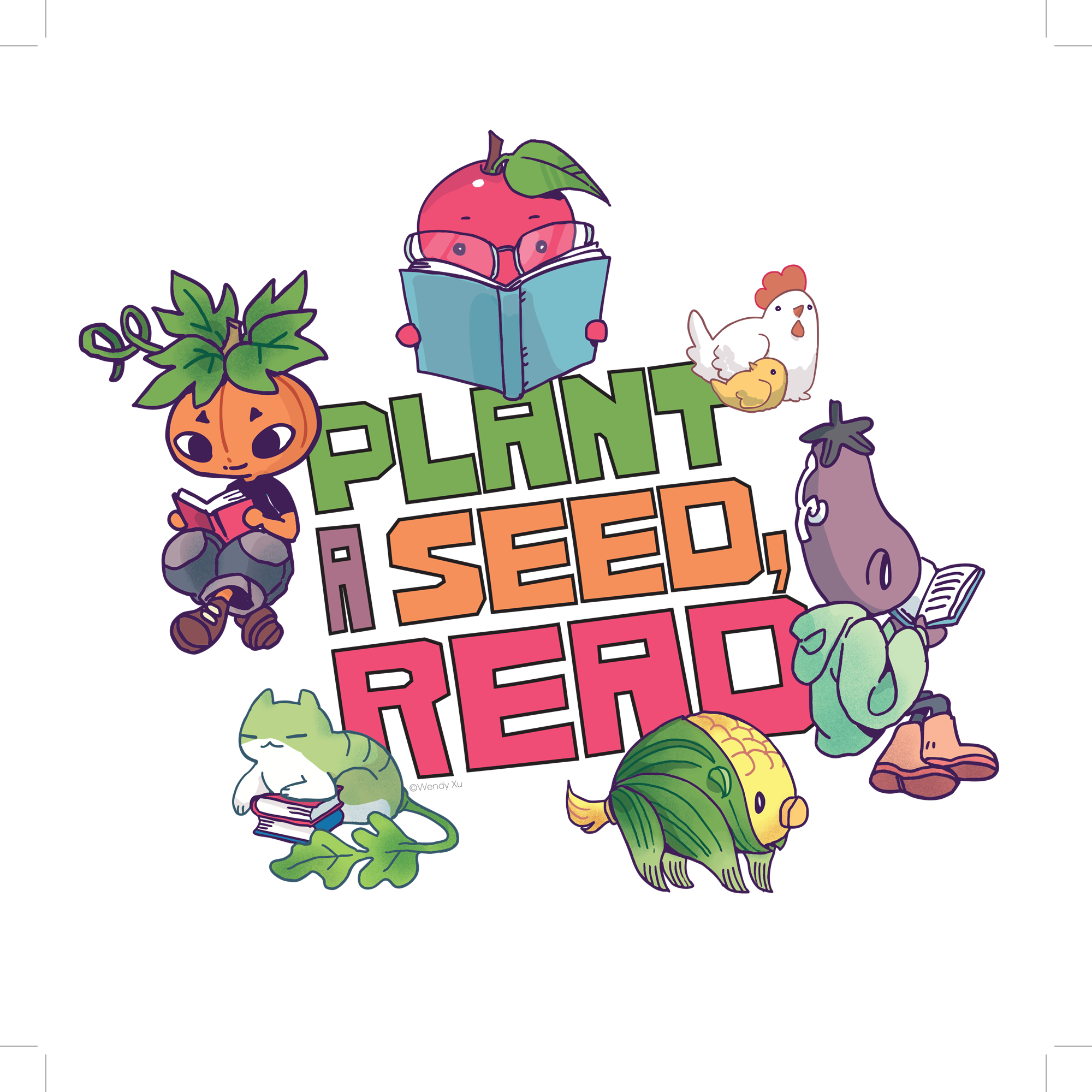 vegetables with faces reading books
