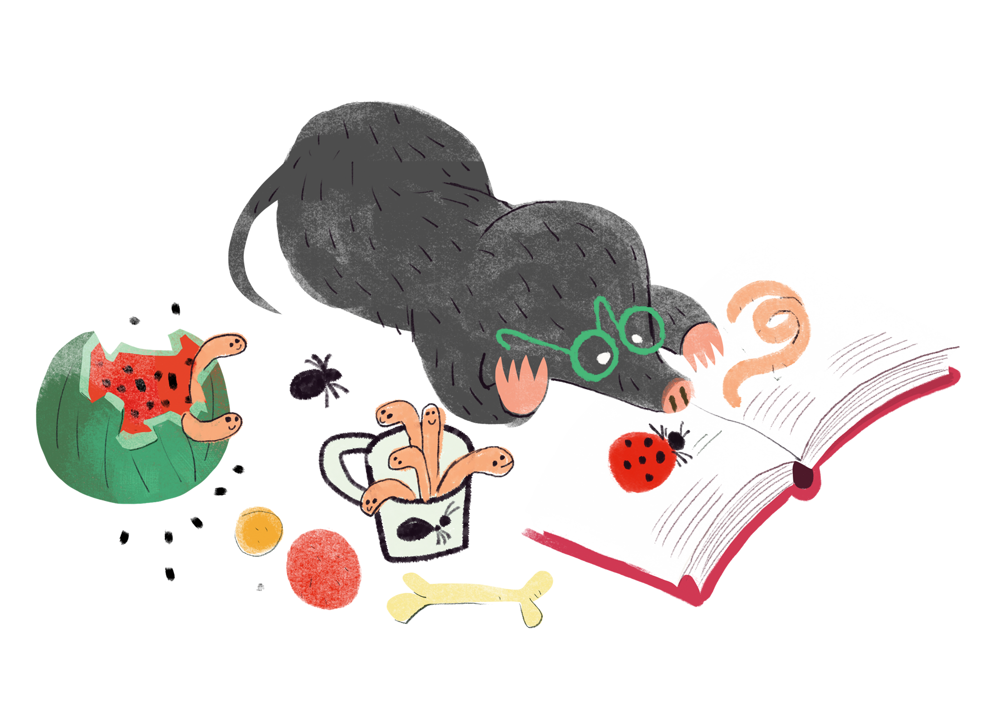 mole reading a book with a cup of worms