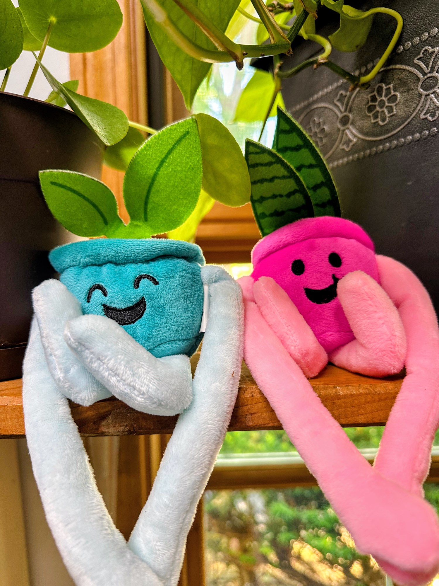 blue and pink plant stuffies