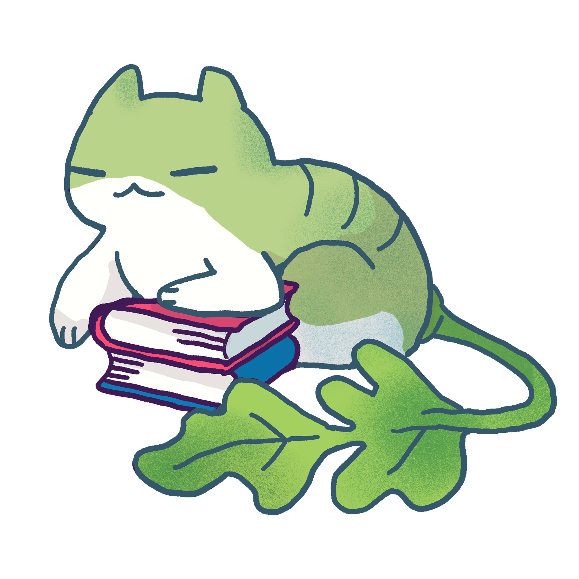 green cat with a lettuce tail and stack of books