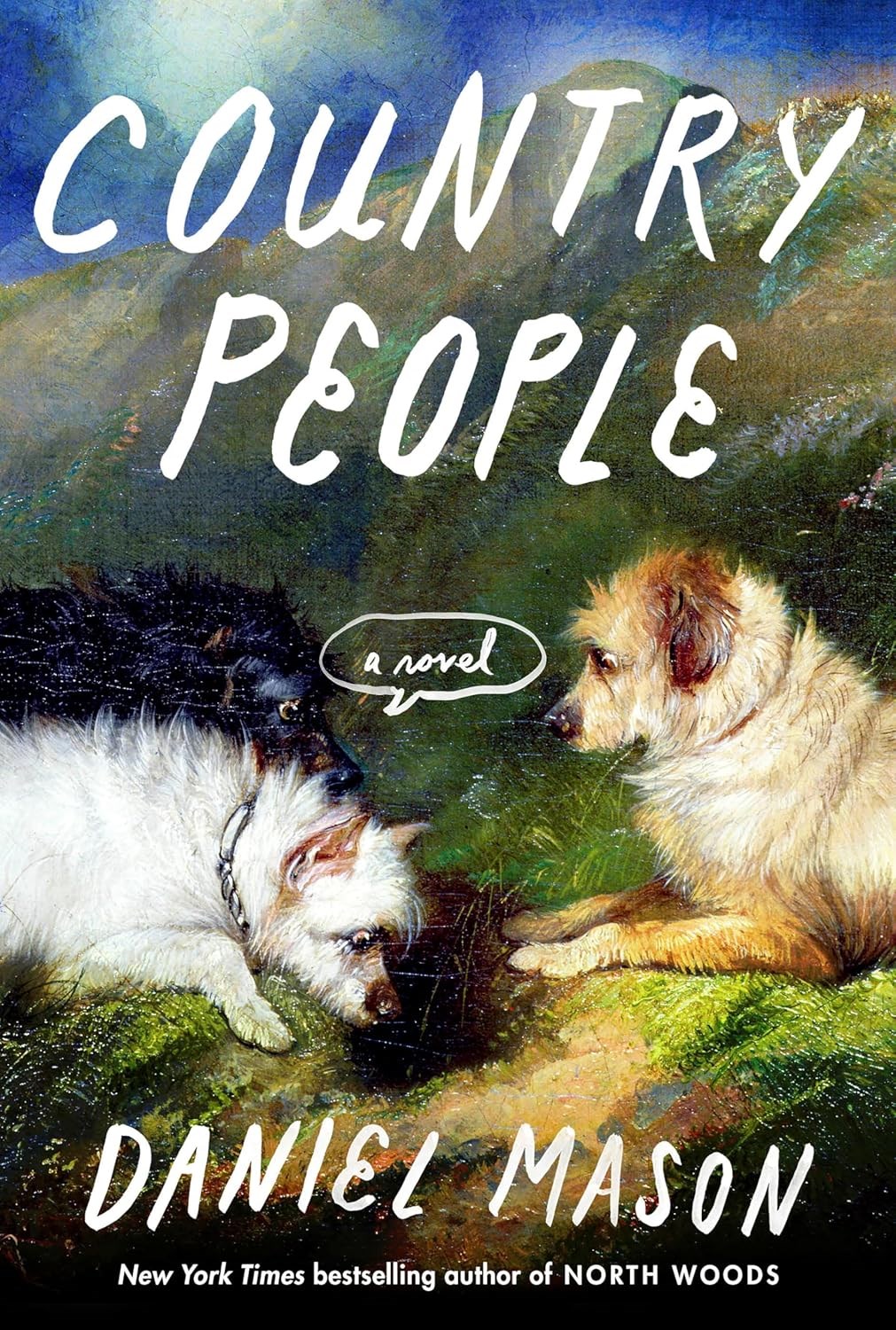 book cover with a painting of two dogs