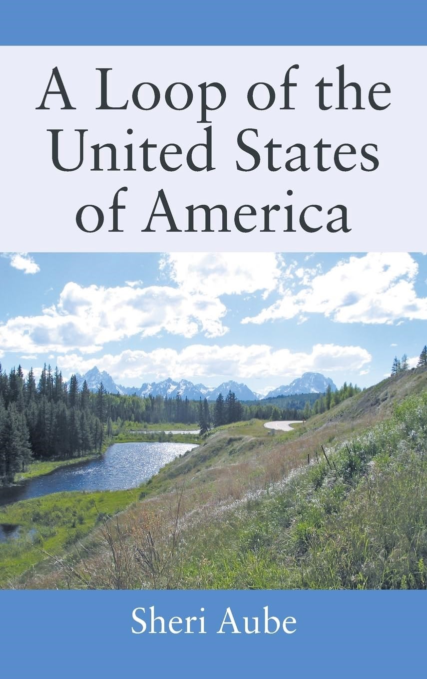 book cover with a landscape of trees, rivers and mountains