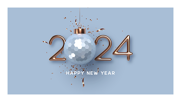 Sparkly ornament with gold celebration ribbons and image text, '2024 HAPPY NEW YEAR. MPHPL.'