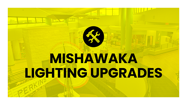 The downtown Mishawaka Library atrium and text, 'MISHAWAKA LIGHTING UPGRADES'