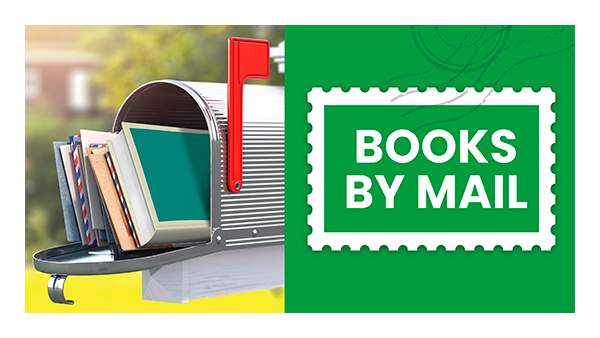 A mailbox with books and mail in it with the door open. Image text, ’BOOKS BY MAIL'