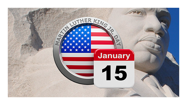 A statue of Martin Luther King, Jr. from the chest up and image text, Martin Luther King Jr. Day 
January 15’