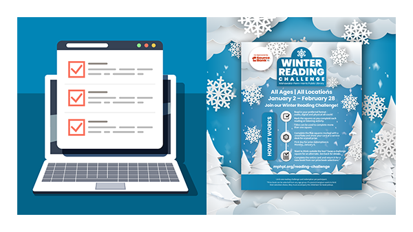 Illustration of a computer with a survey and the Mishawaka-Penn-Harris Public Library Winter Reading Challenge card. 