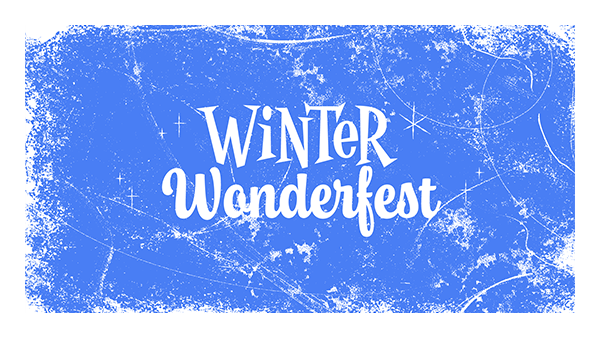 Blue textured background with white text reading "Winter Wonderfest." Decorative elements include scattered white speckles and star-like shapes, creating a festive, snowy atmosphere. 