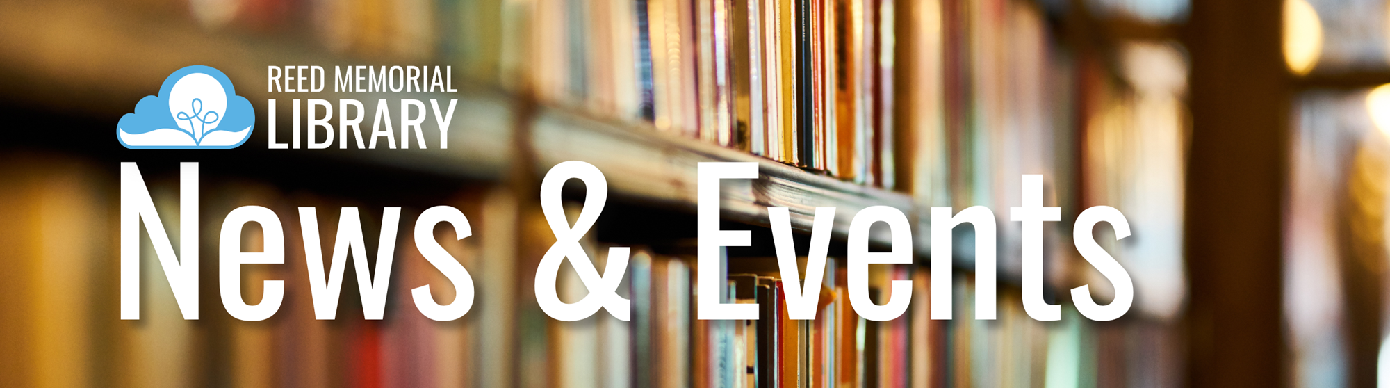 words News and Events over a blurred bookshelf background