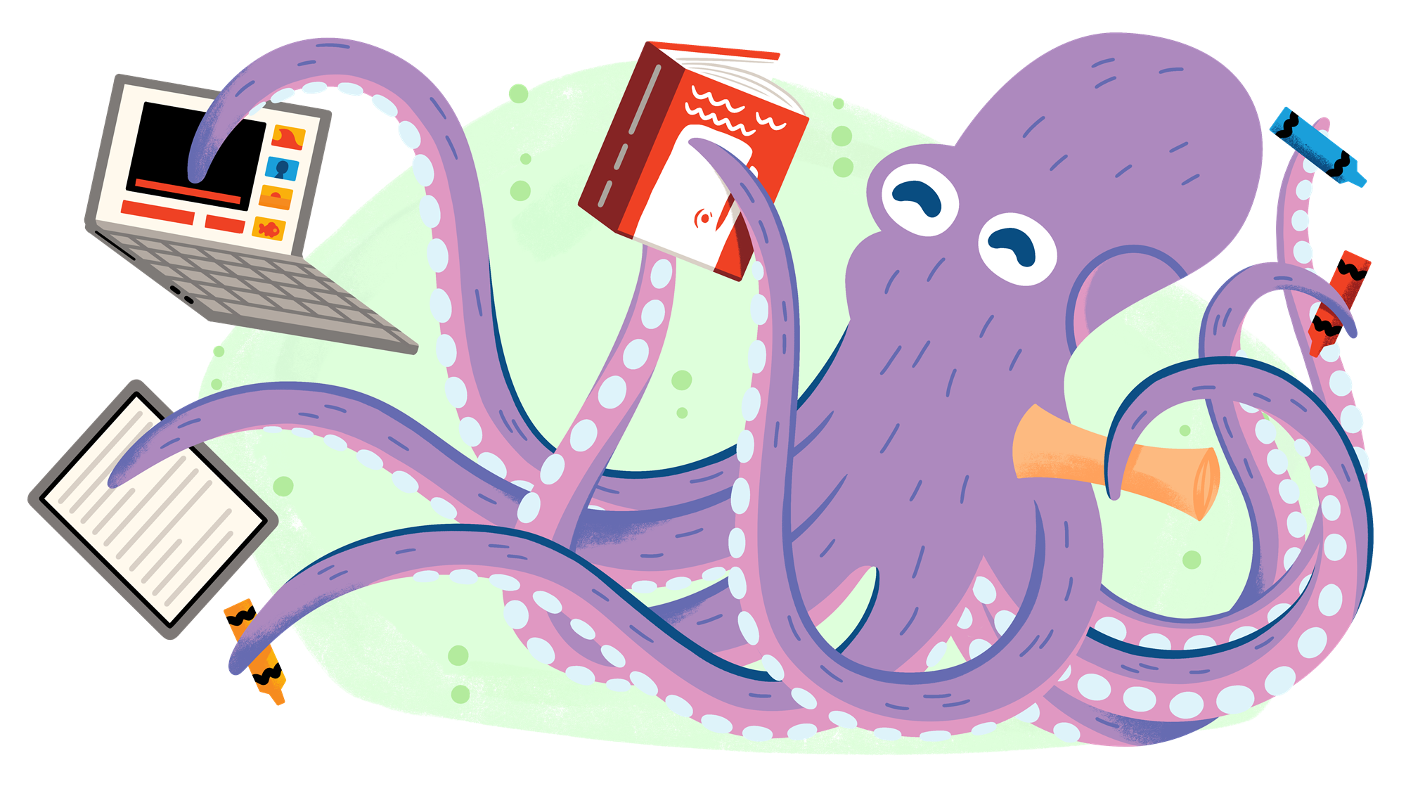 Octopus reading a book, using a tablet, using a computer, and holding crayons and paper