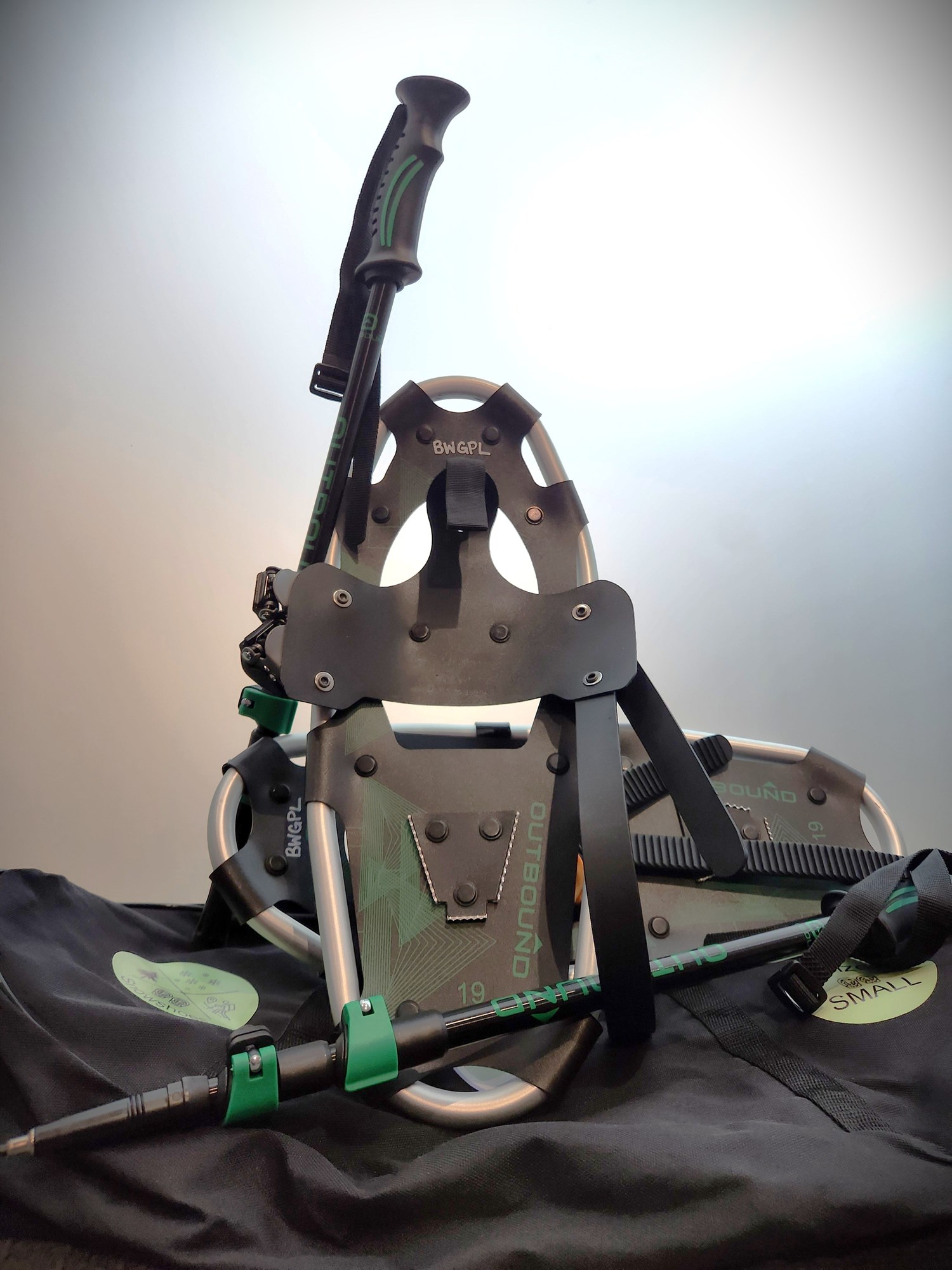 Snowshoes, bag, poles.