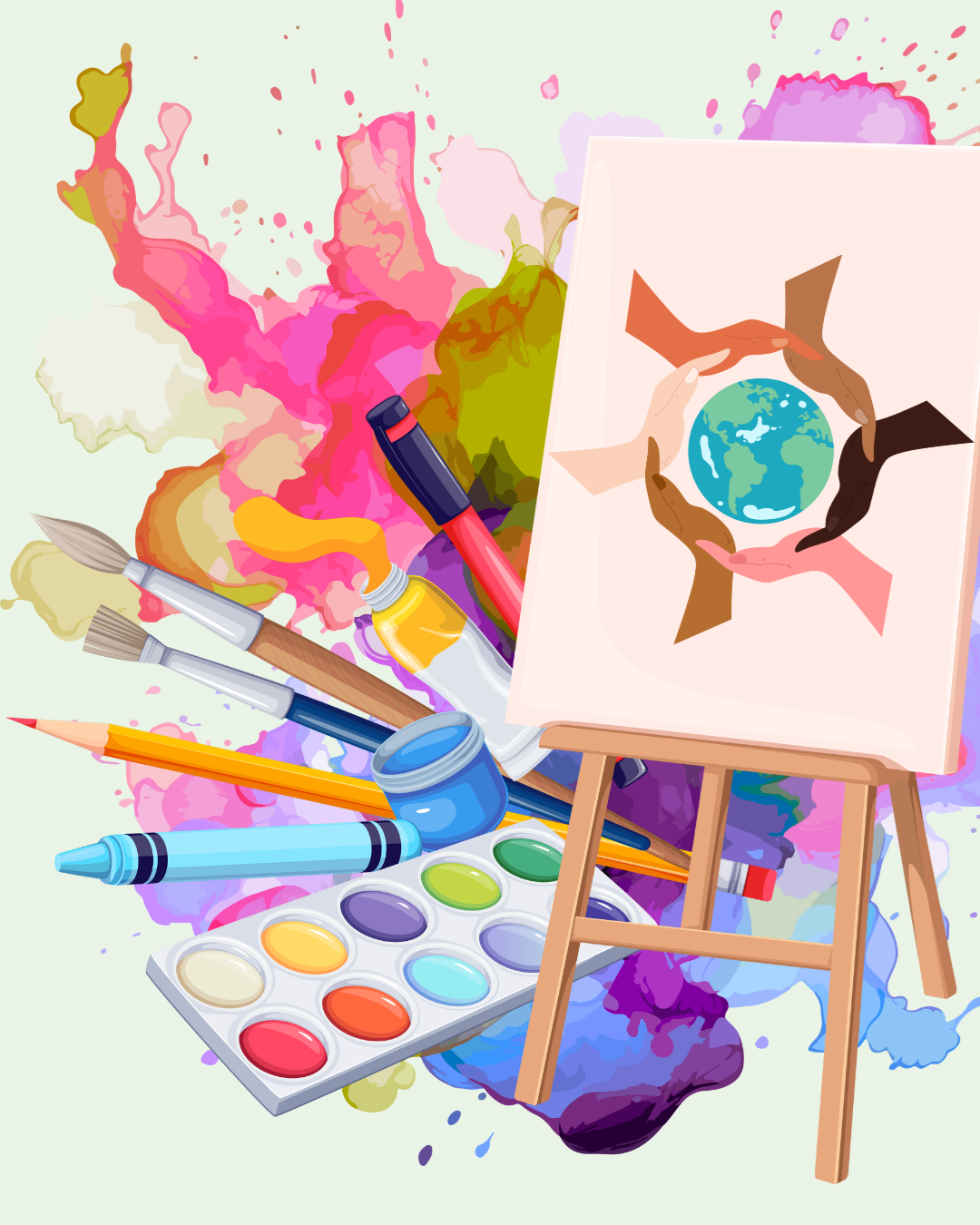 Colourful art supplies and an easel with a photo of the earth surrounded by multicultural hands. 