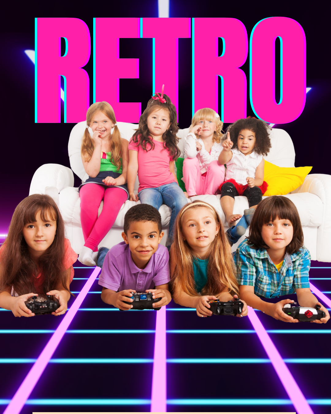 4 children sitting on a white couch and 4 children on laying on the floor on their stomachs holding game controllers. 