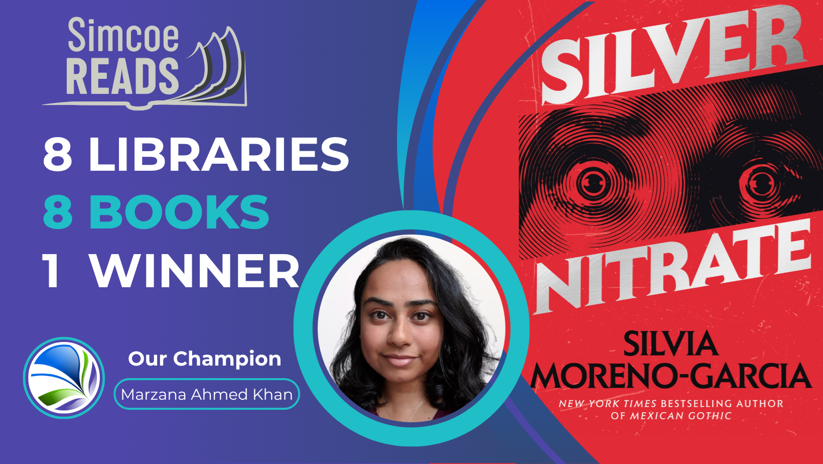 Simcoe Reads. 8 Libraries. 8 Books. 1 Winner. Our Champion: Marzana Ahmed Khan. Our Book: Silver Nitrate by Silva Moreno-Garcia. Photo of Marzana and the book's cover. The book's cover is red and black featuring large, wide, fear-filled eyes.