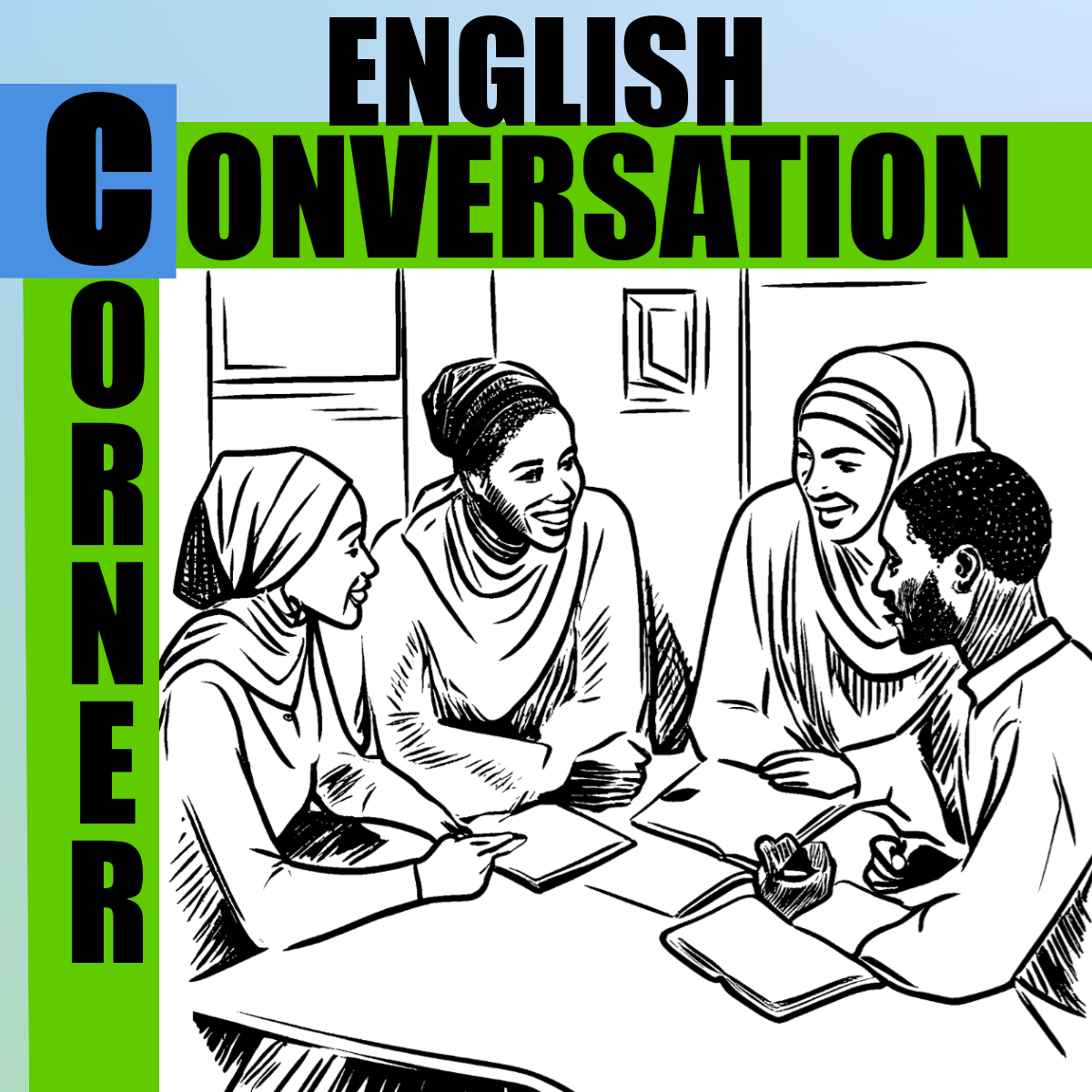 Sketched group of adults smiling at each other. Text: English Conversation Corner