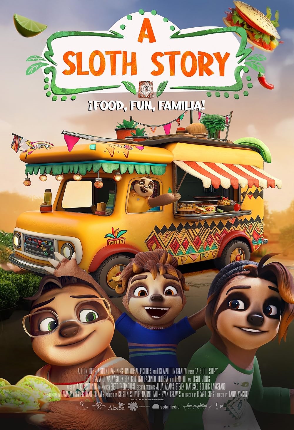 A Sloth Story movie poster. 3 sloths up front smiling in front of a food truck driven by a 4th sloth. 