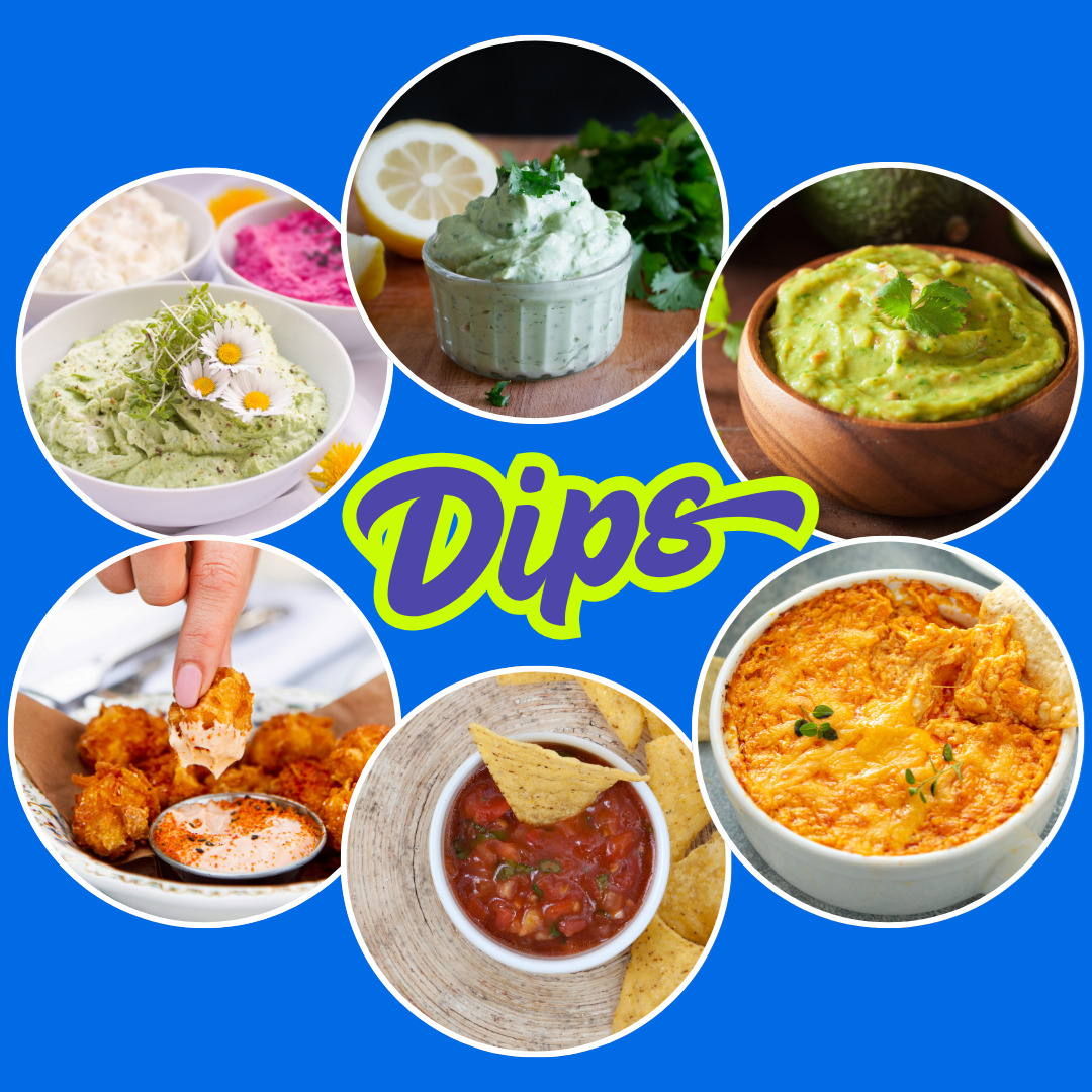 Mocktails. Photo of 6 party-ready dips. 