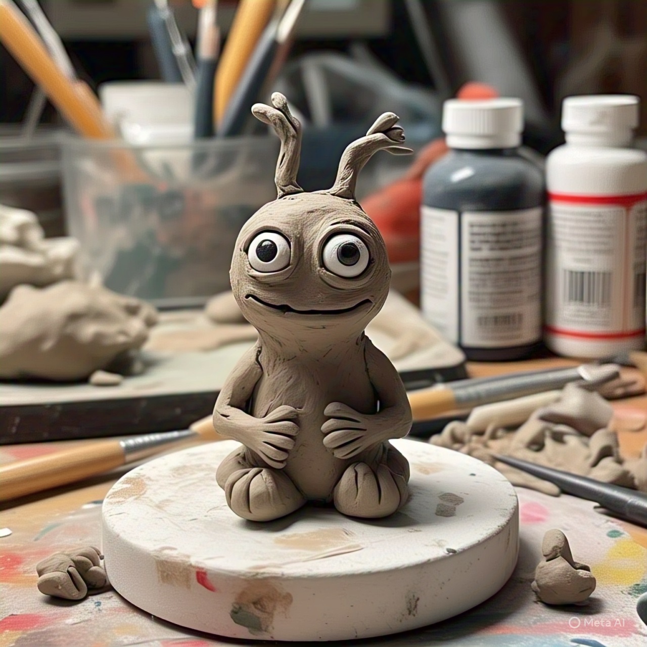 Example of air dry clay: odd little monster with large eyes and antennas. 