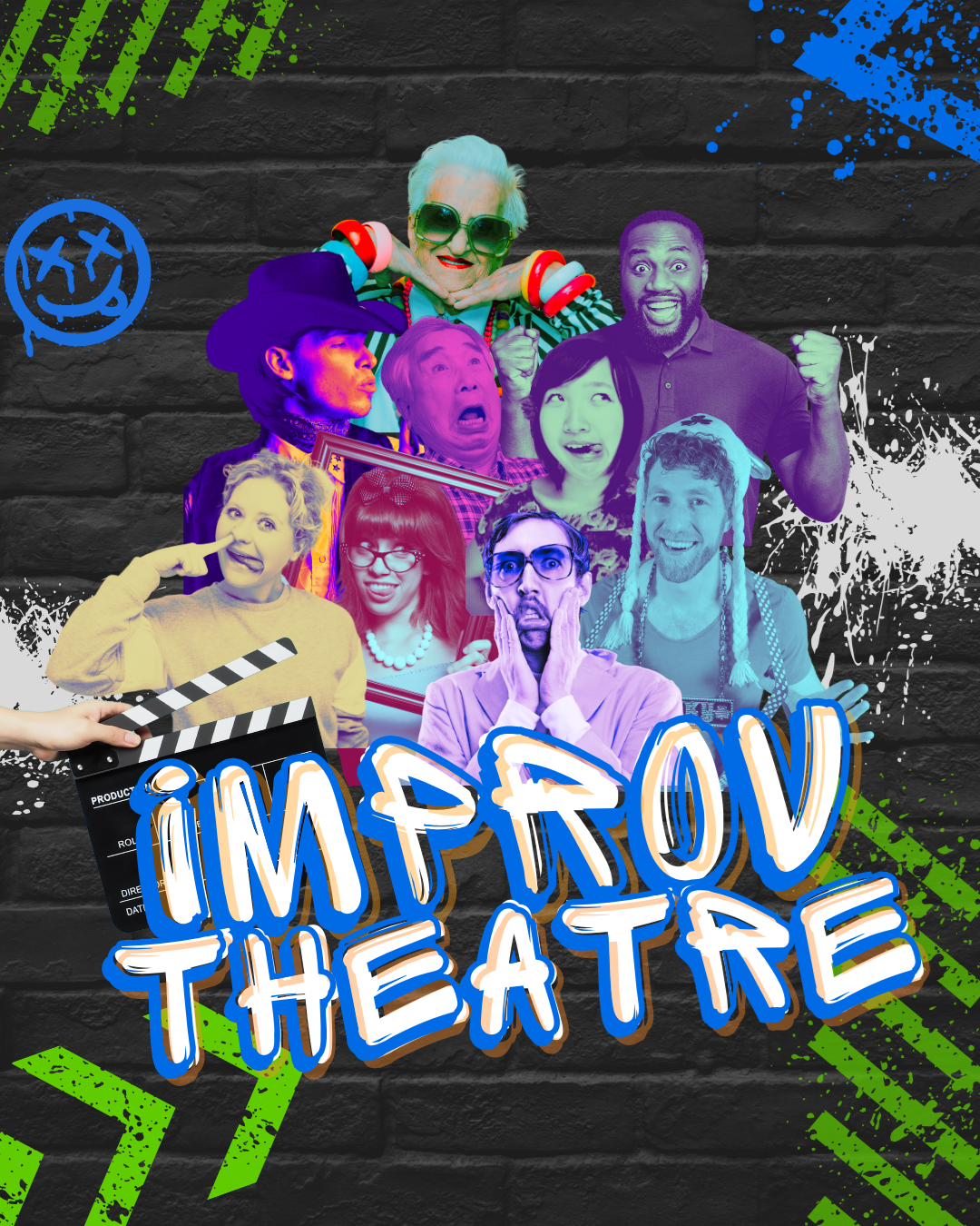 Group of colourful, silly adults making funny faces. 