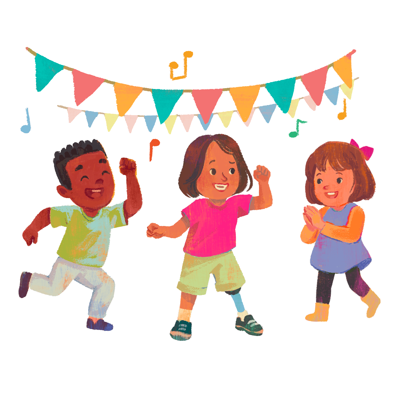 Graphic of three children dancing under a bunting. Music notes in the air. 