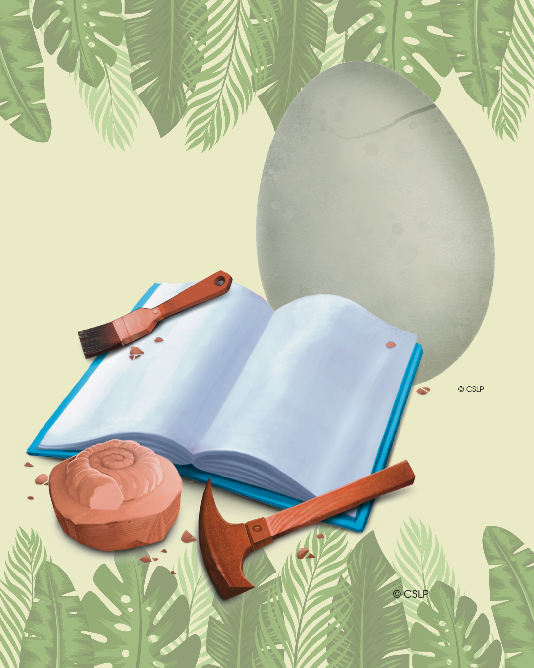 dinosaur egg and a book with hammer, brush, and fossil