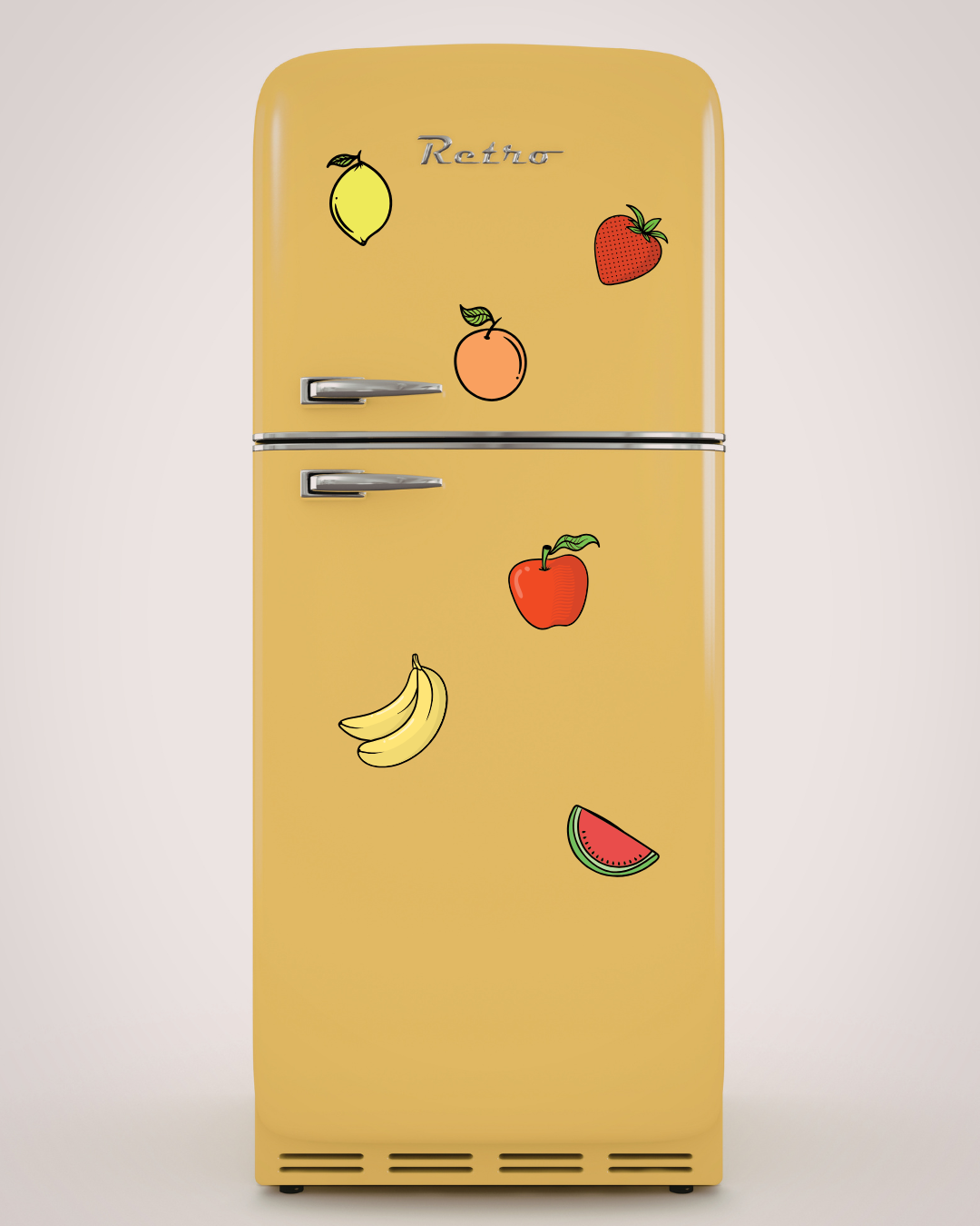 Fridge covered in fruit magnets