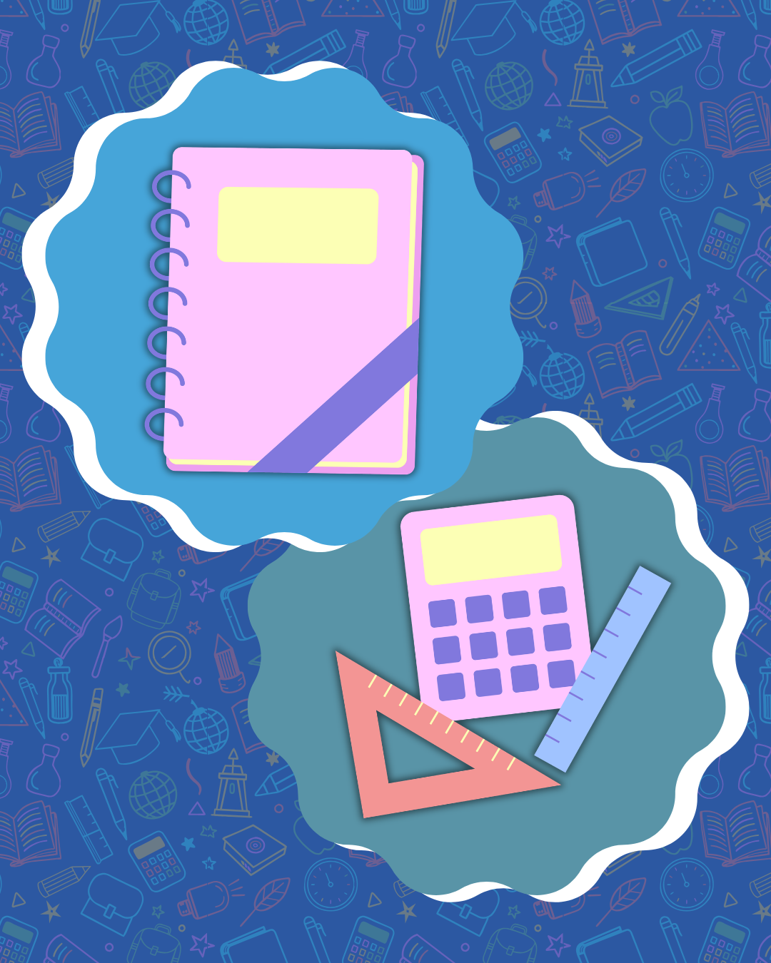 Notebook, calculator, and ruler