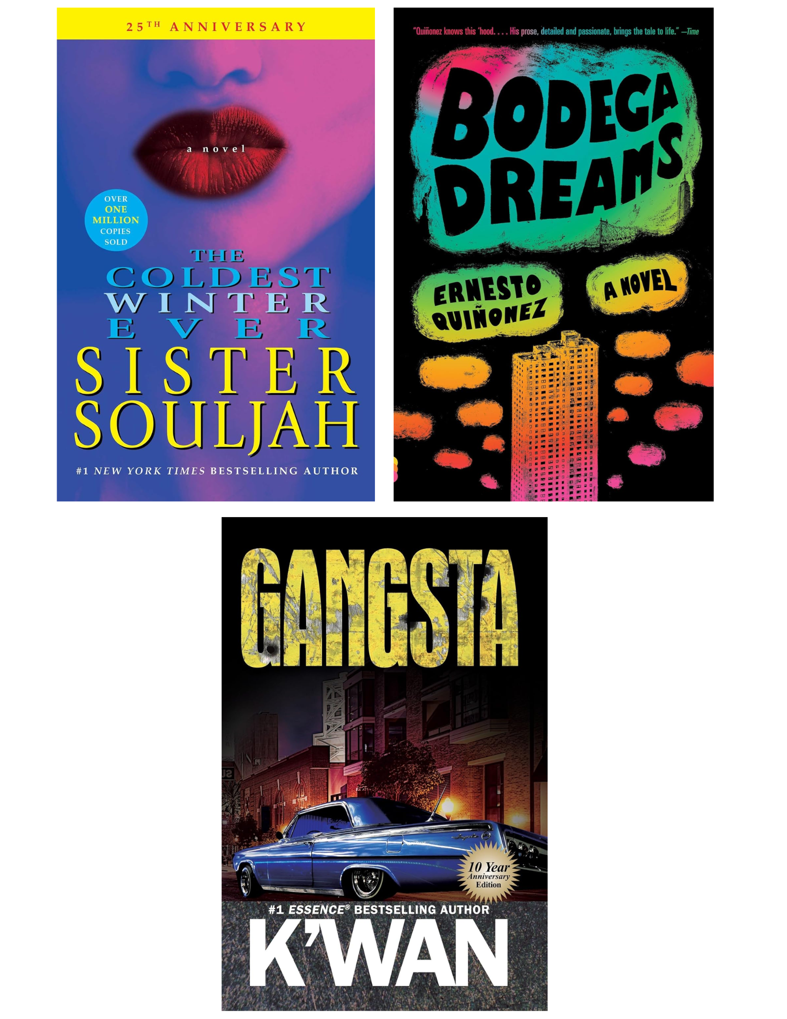 Bodega Dreams by Ernesto Quinonez, Gangsta by K'wan, The Coldest Winter Ever by Sister Soulja Bodega Dreams by Ernesto Quinonez, Gangsta by K'wan, The Coldest Winter Ever by Sister Soulja