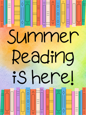 colorful books and text that reads summer reading is here