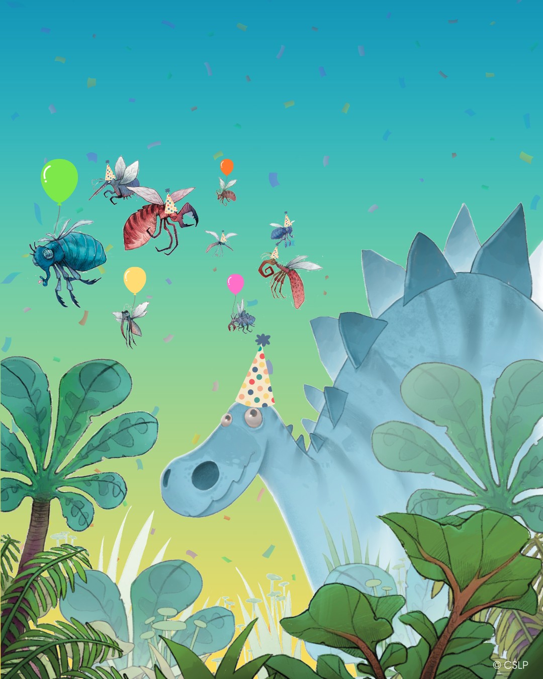 festive party hat dinosaur with plants and bugs