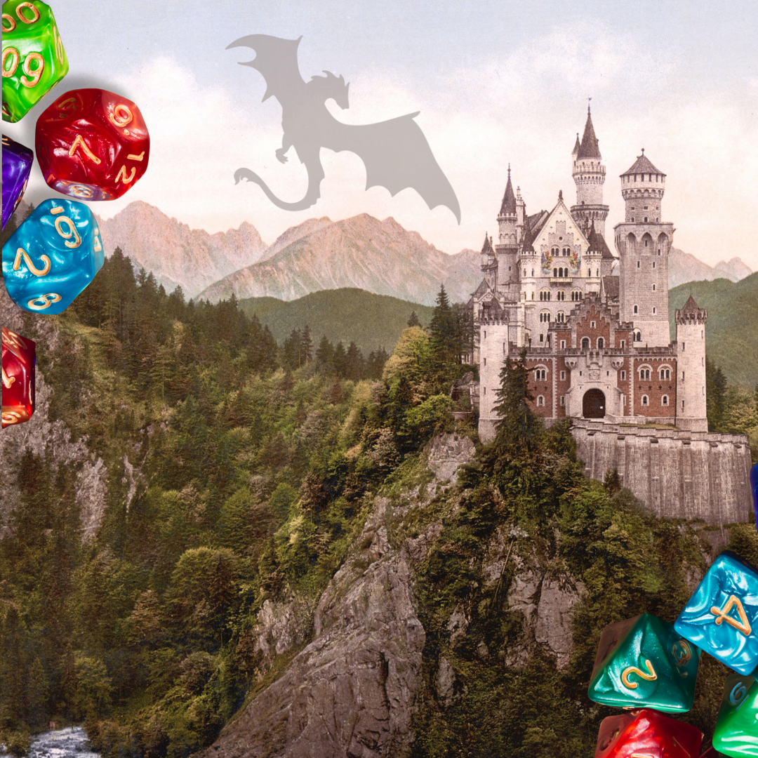 dice, castle, and dragon