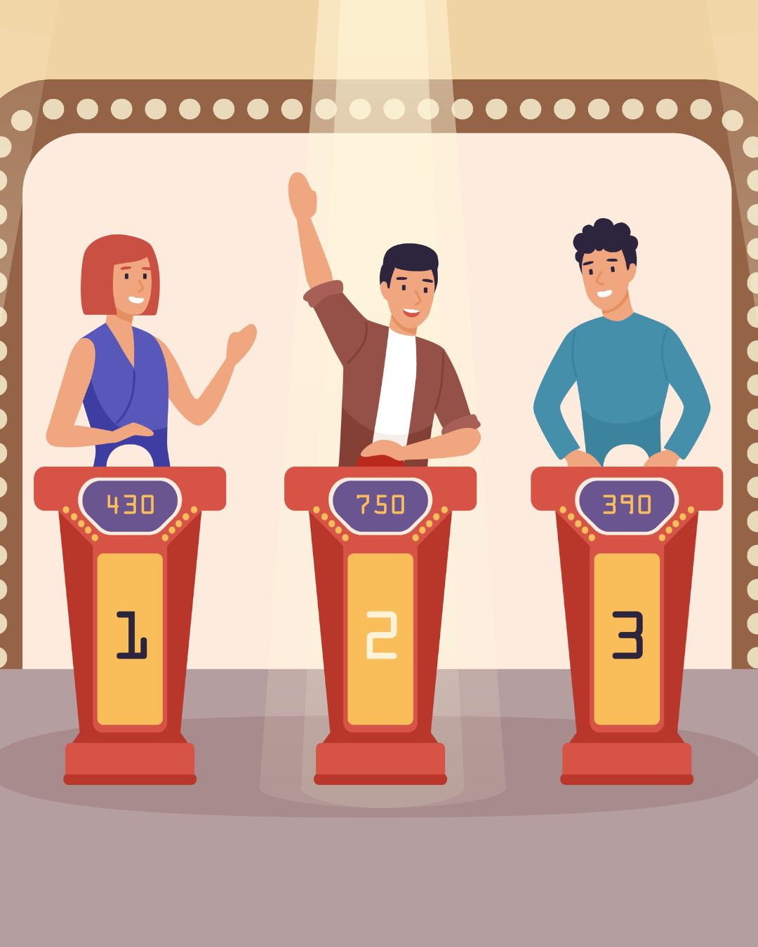 drawing of three people on a trivia game show