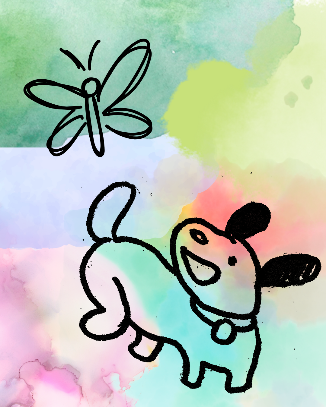 doodle of a dog looking at a butterfly