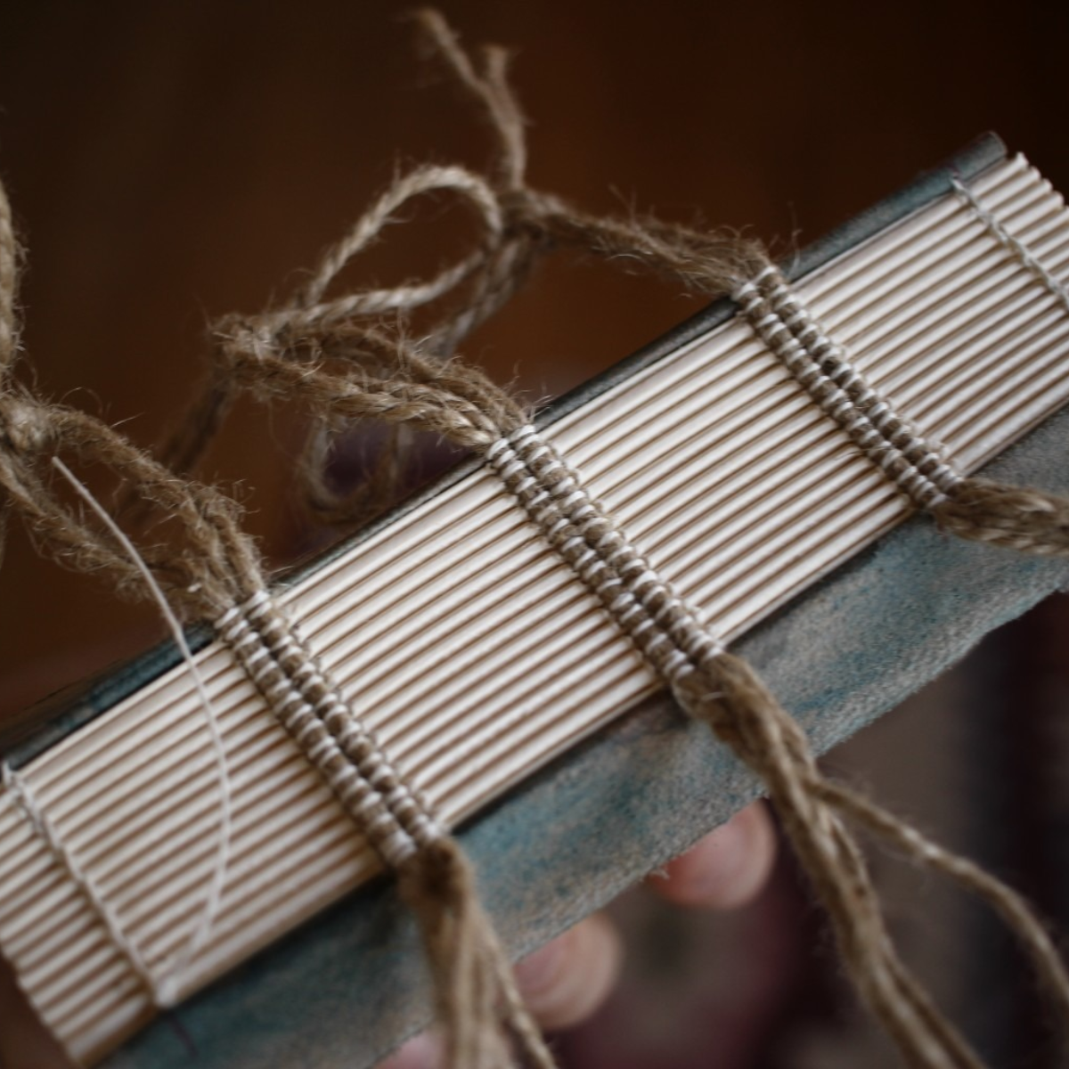 The spine of an old book bound with twine